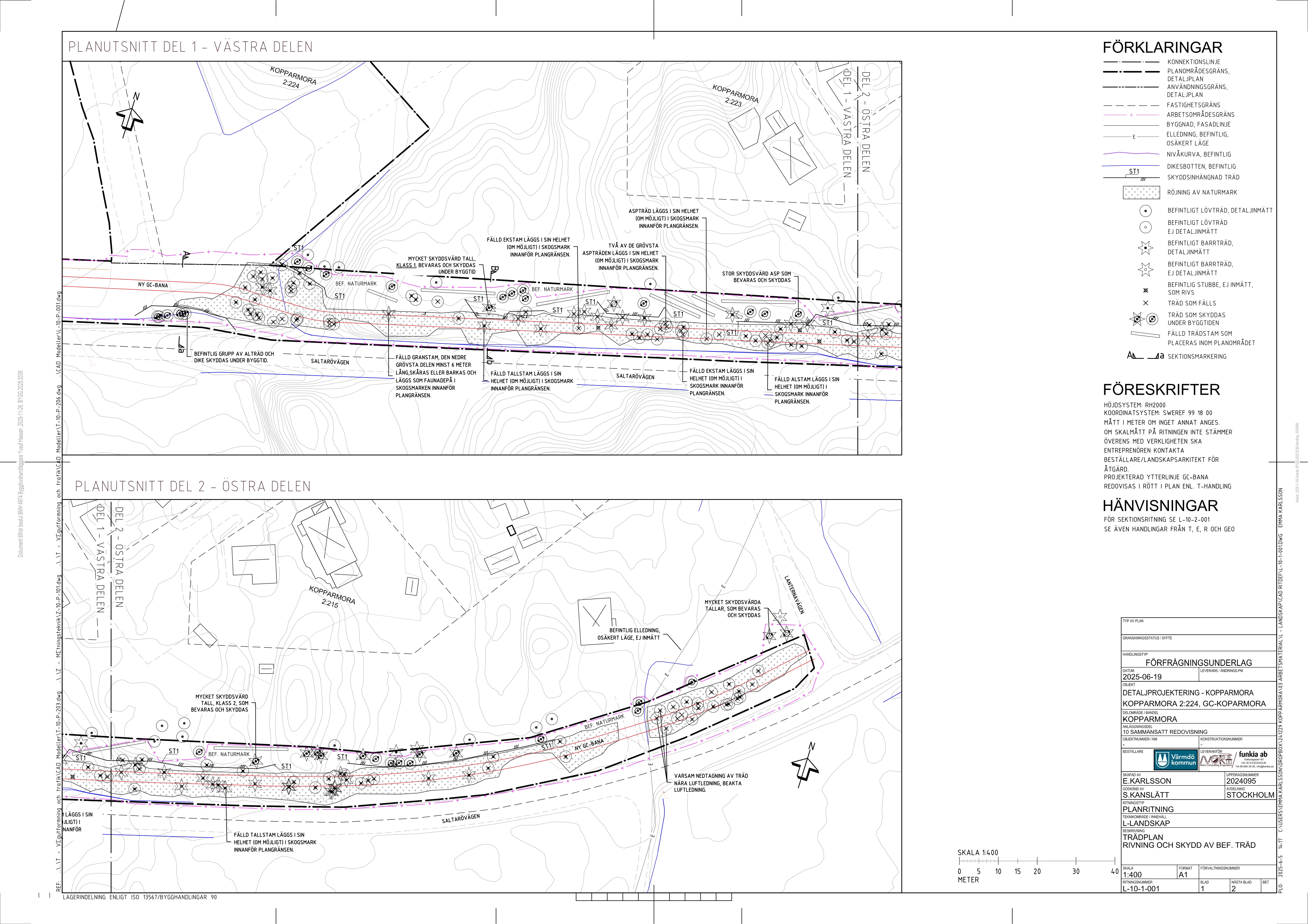 Planritning över planerad sträckning samt märkning av träd.